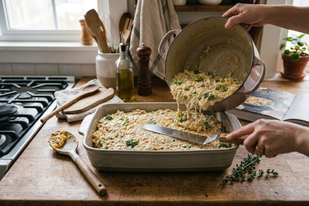Spread the mixture into the prepared 9x13-inch baking dish in an even layer.