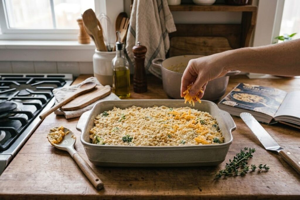 cheddar cheese evenly over the casserole.