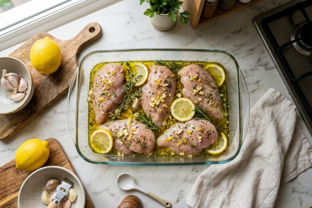 Raw boneless skinless chicken breasts resting in a shallow glass dish covered in a bright yellow lemon garlic marinade with herbs.