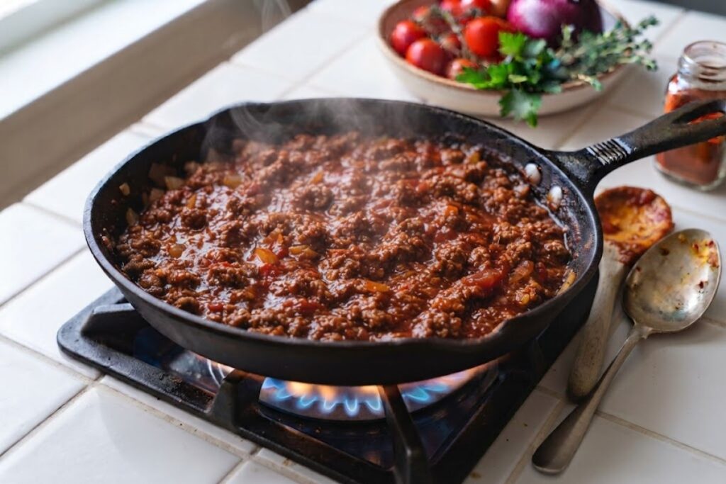 Thick homemade sloppy joe filling with ground beef and tomato sauce ready to serve.