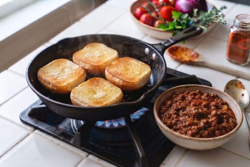 Golden toasted rolls prepared to hold homemade sloppy joe filling on a kitchen counter.