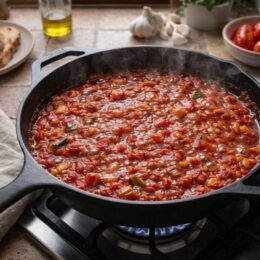 Traditional Shakshuka Simmering in Cast Iron Skillet