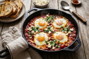 A top-down professional food photography shot of a steaming cast-iron skillet filled with bright red tomato shakshuka