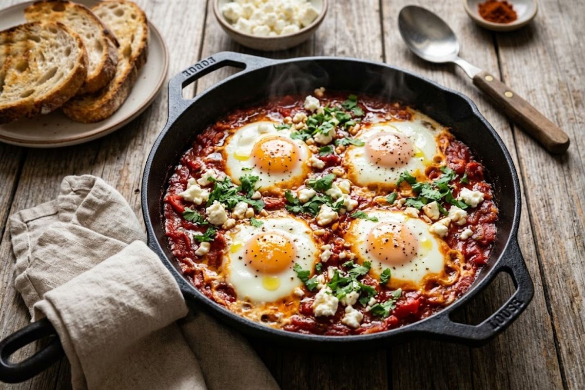 A top-down professional food photography shot of a steaming cast-iron skillet filled with bright red tomato shakshuka