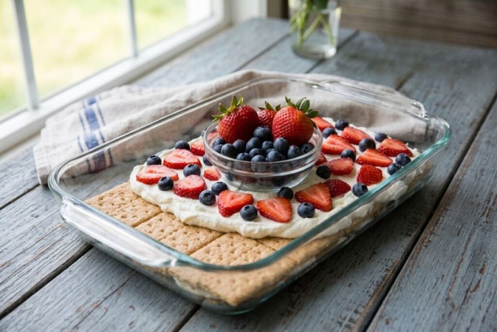 Ingredients for no bake berry icebox cake including graham crackers, heavy cream, powdered sugar, strawberries, and blueberries laid out on a countertop