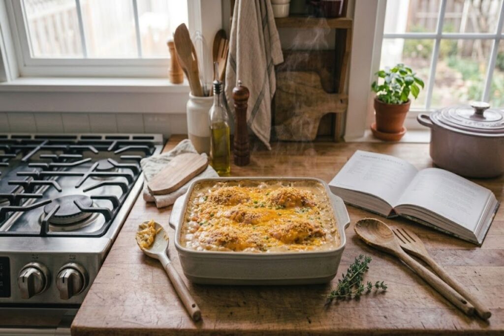 A golden-brown chicken and rice casserole fresh out of the oven in a rectangular baking dish.