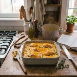 baked creamy chicken and rice casserole hero image