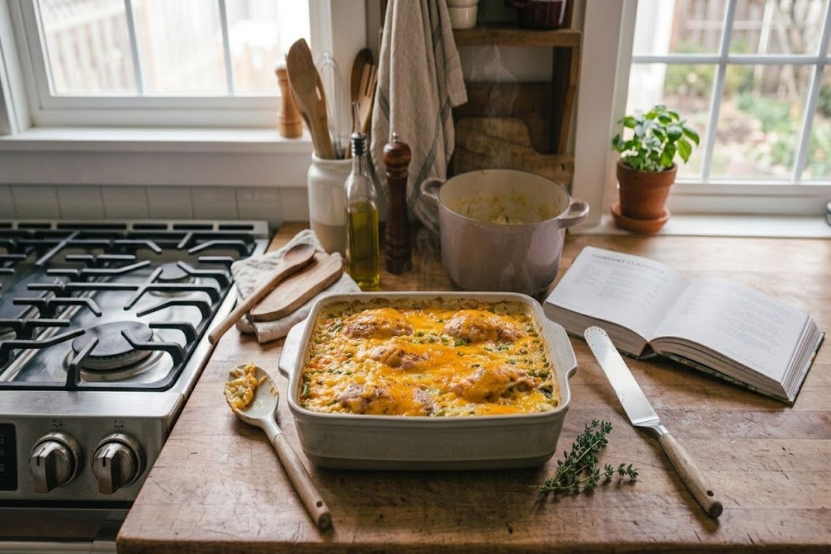 baked creamy chicken and rice casserole hero image