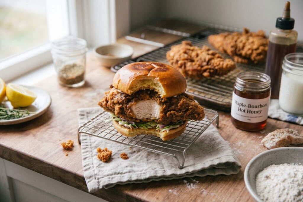 The ultimate homemade buttermilk chicken sandwich with a bite taken out, showing juicy white breast meat and a thick crunchy crust.