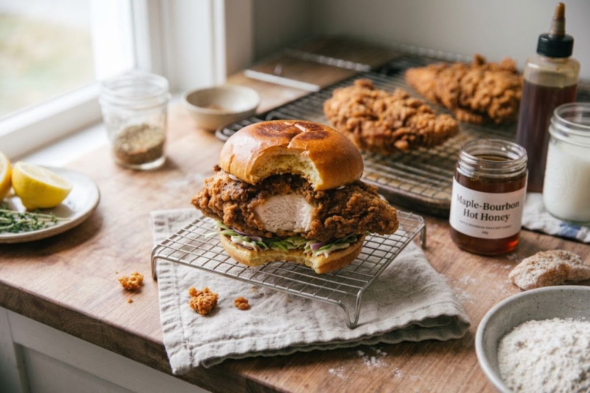 homemade buttermilk chicken sandwich with a bite taken out, showing juicy white breast meat and a thick crunchy crust.