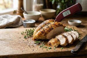 Instant-read digital meat thermometer inserted horizontally into a seared chicken breast reading 160 degrees Fahrenheit.