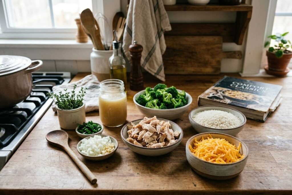 Ingredients for chicken and rice casserole including cheese, broccoli, rice, and shredded chicken arranged on a kitchen counter.