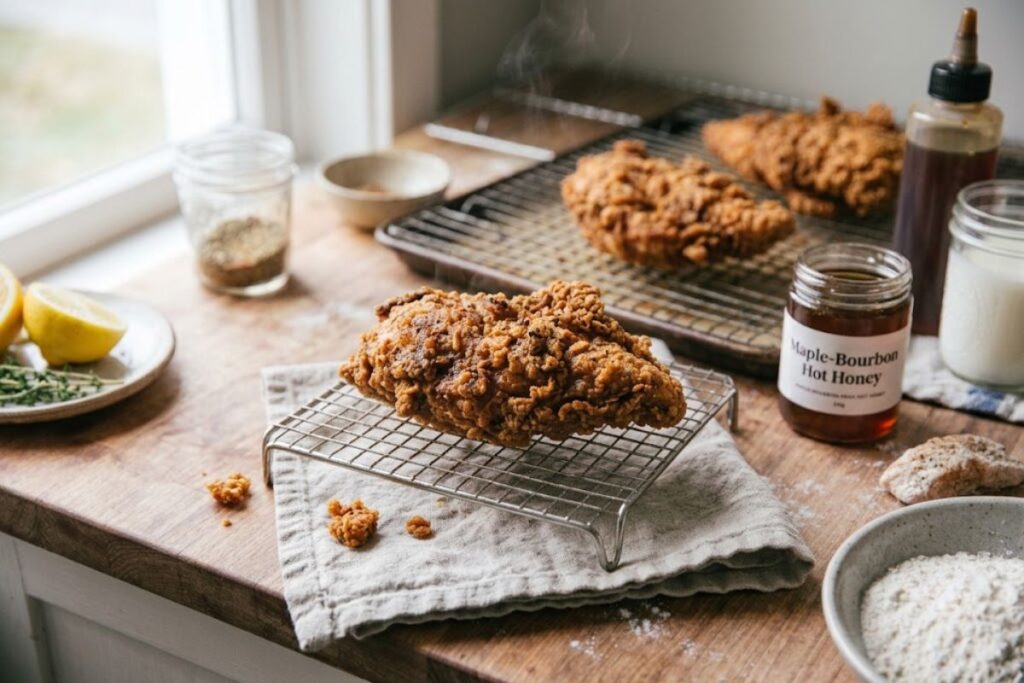 extra crunchy deep golden buttermilk fried chicken breast piece cooling on a wire rack to keep the crust crispy.