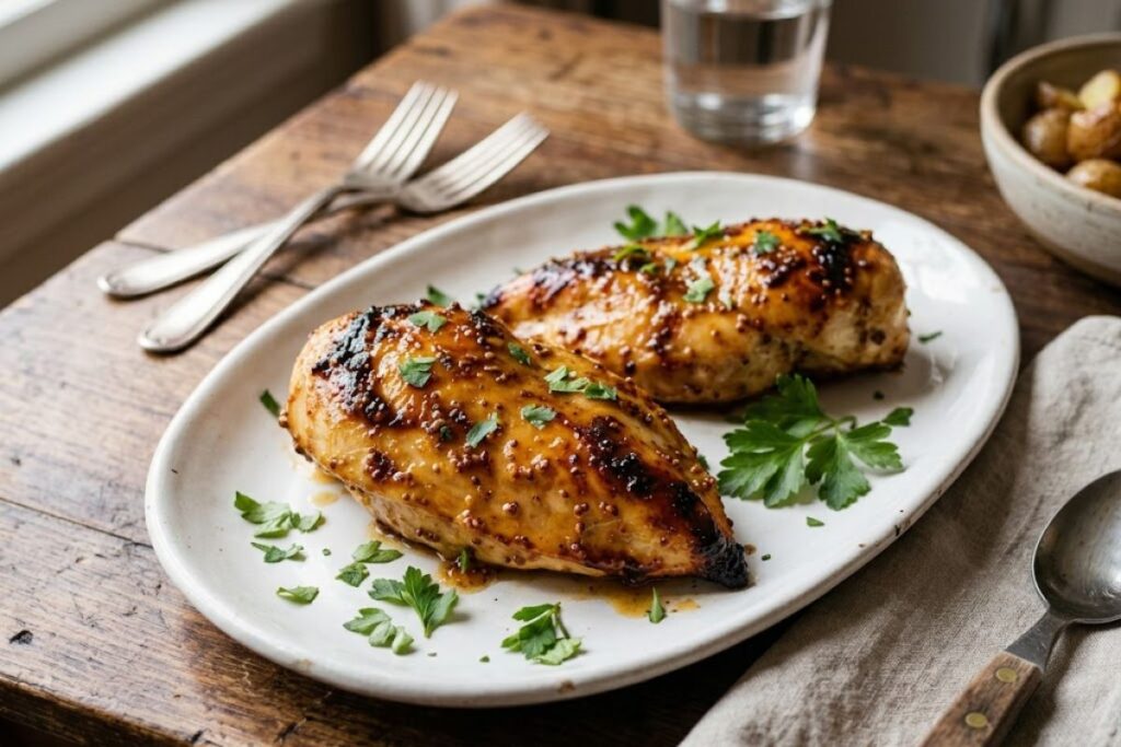 Finished baked honey mustard chicken with sticky glaze garnished with fresh parsley