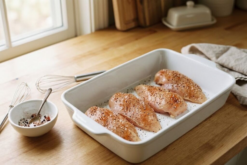 Seasoned chicken breasts arranged in a baking dish before adding honey mustard sauce