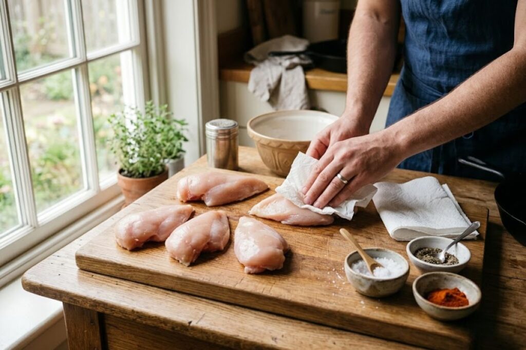 Patting dry and seasoning boneless chicken breasts with salt, pepper, and paprika before baking