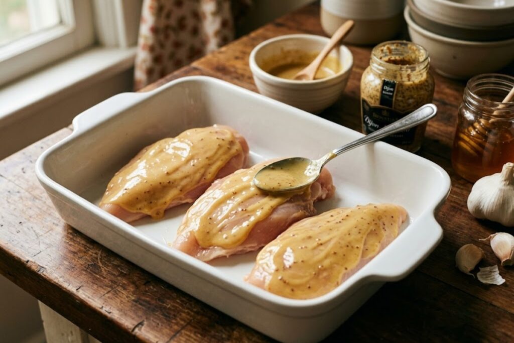 Chicken coated evenly with homemade honey mustard glaze before baking