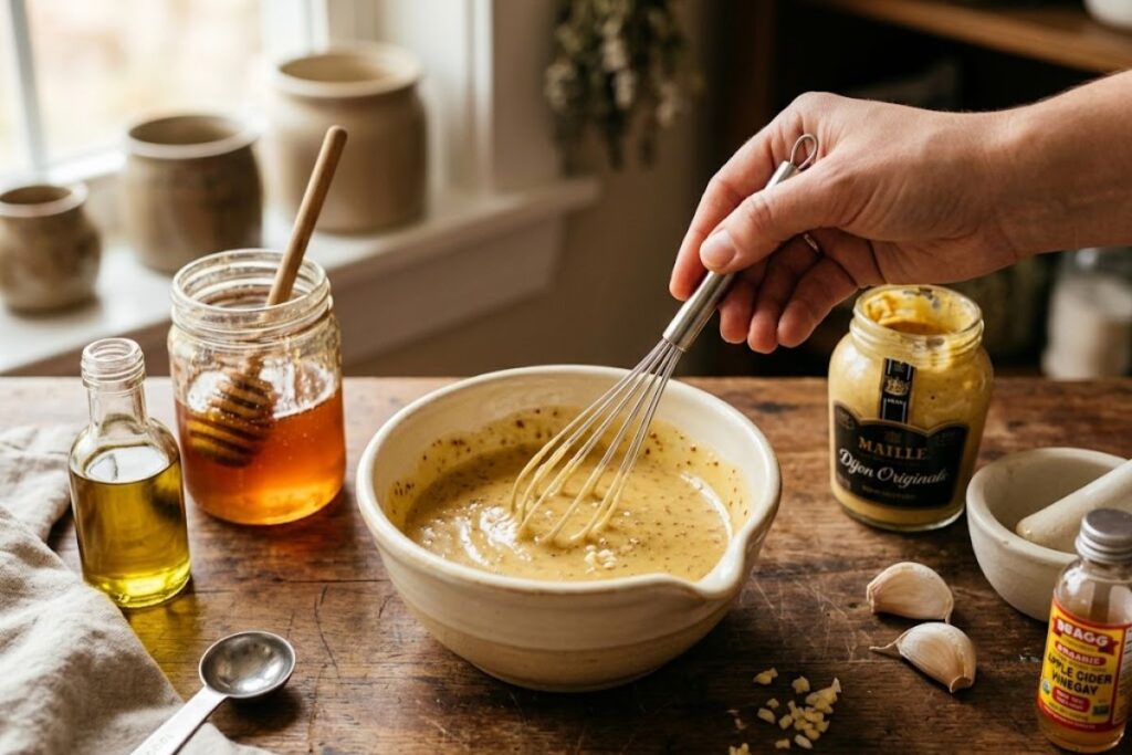 Whisking honey, Dijon mustard, garlic, olive oil, and apple cider vinegar into a smooth glaze