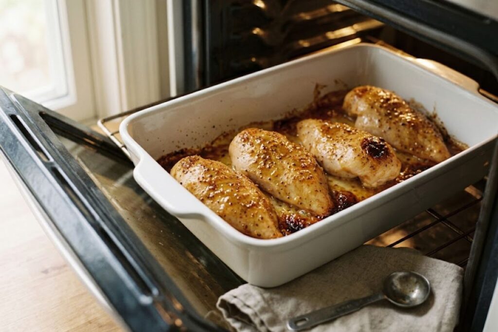 Honey mustard chicken baking in the oven as the glaze begins to caramelize