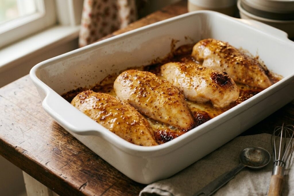 Honey mustard chicken with bubbling golden glaze after a brief broil