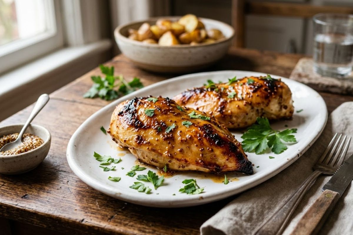 Finished baked honey mustard chicken with sticky glaze garnished with fresh parsley.