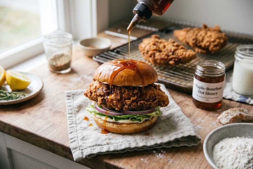 Drizzling a glossy maple-bourbon hot honey glaze over a freshly fried buttermilk chicken breast sandwich.