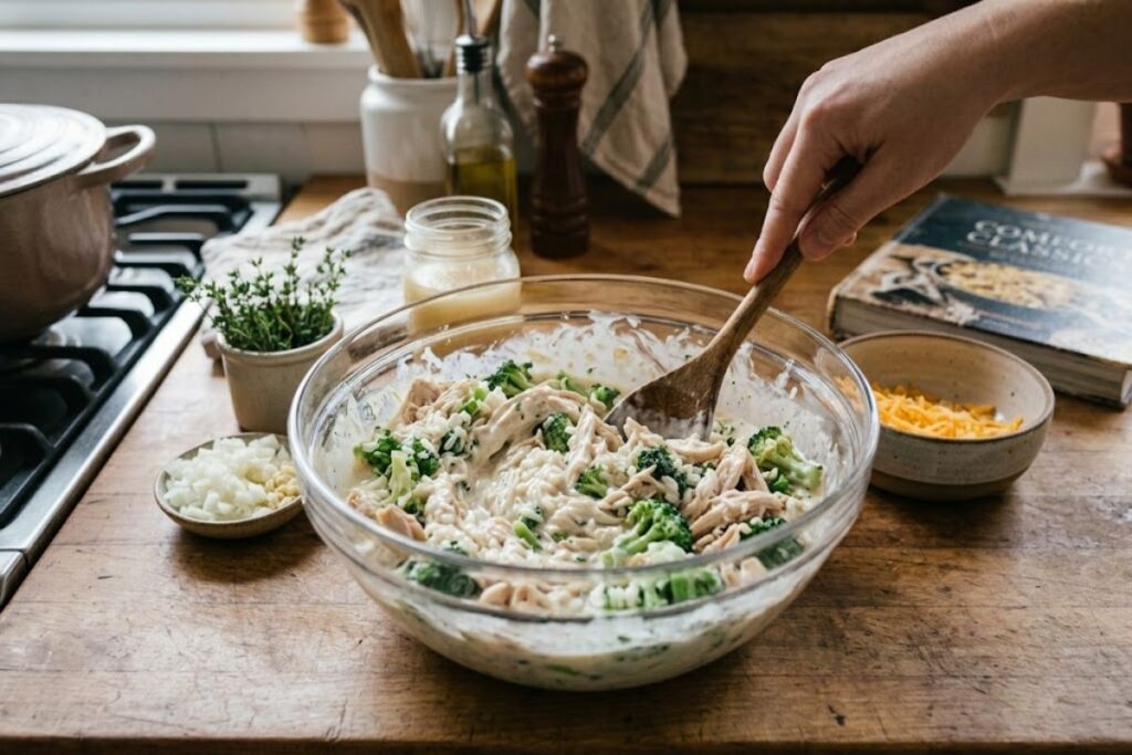 Shredded rotisserie chicken, broccoli florets, and rice being folded into a creamy white sauce in a glass bowl.