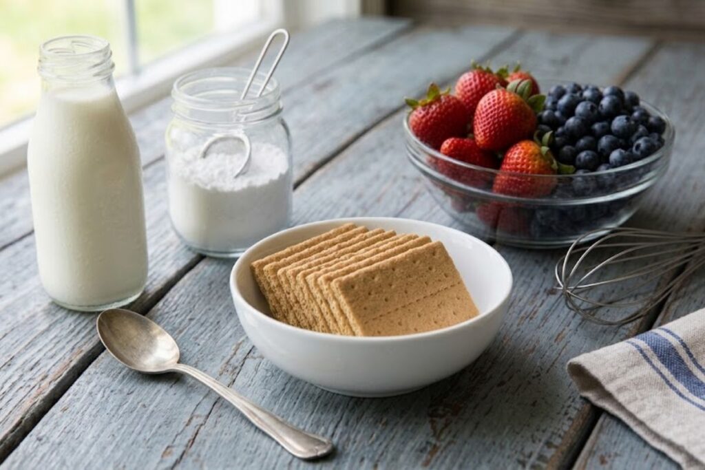 Ingredients for no bake berry icebox cake including graham crackers, heavy cream, powdered sugar, strawberries, and blueberries laid out on a countertop