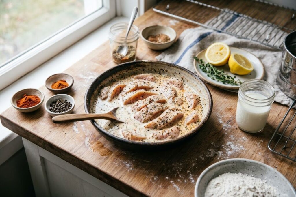 Sliced chicken breast soaking in a rich, spiced buttermilk brine for a crispy buttermilk chicken sandwich recipe.