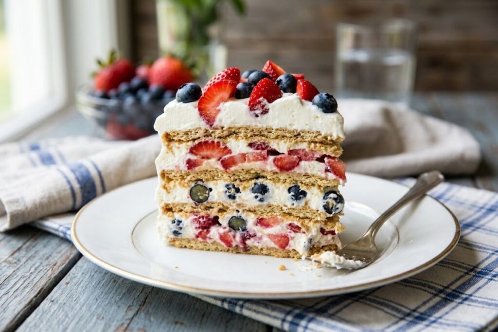 A slice of red, white, and blue no-bake berry icebox cake on a white plate showing layers of softened graham crackers, fresh strawberries, blueberries, and fluffy whipped cream.