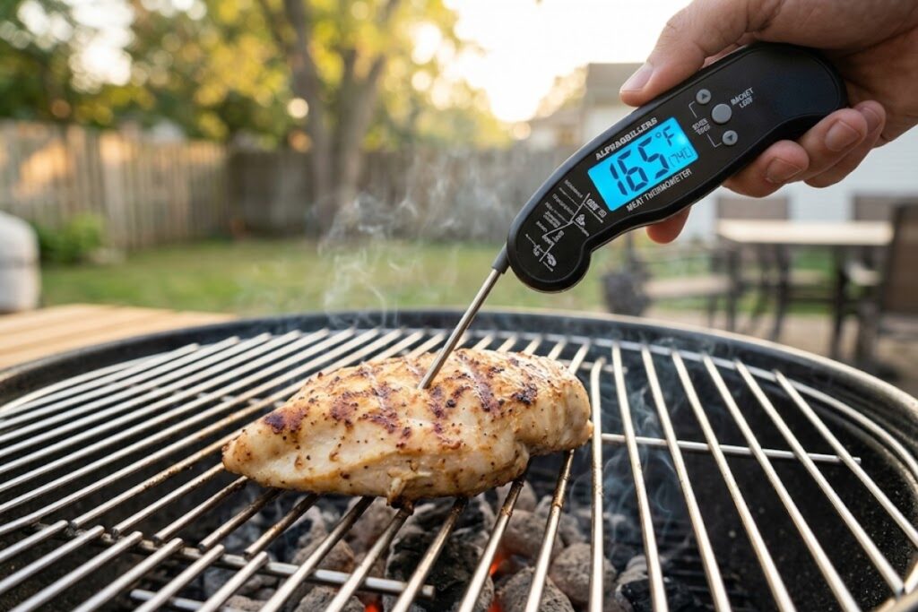 Alpha Grillers Digital Instant Read measuring the internal temperature of grilled chicken on a barbecue grill.