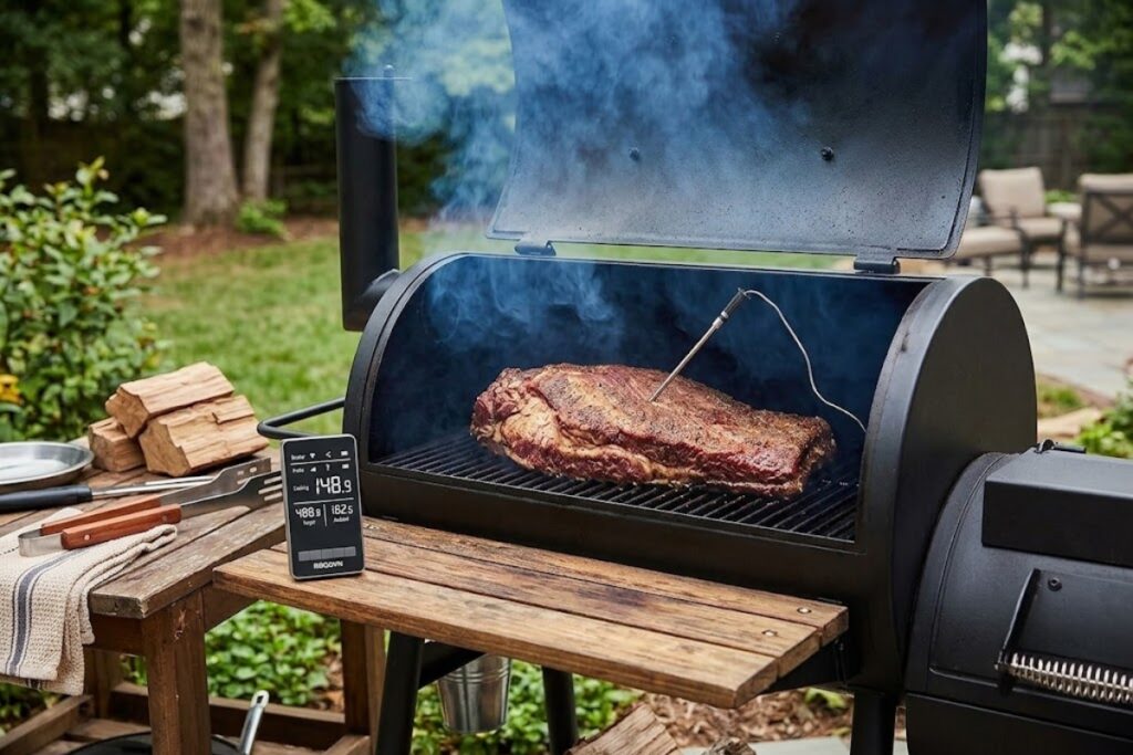 BBQOVN wireless probe thermometer monitoring brisket temperature during a backyard smoking session.