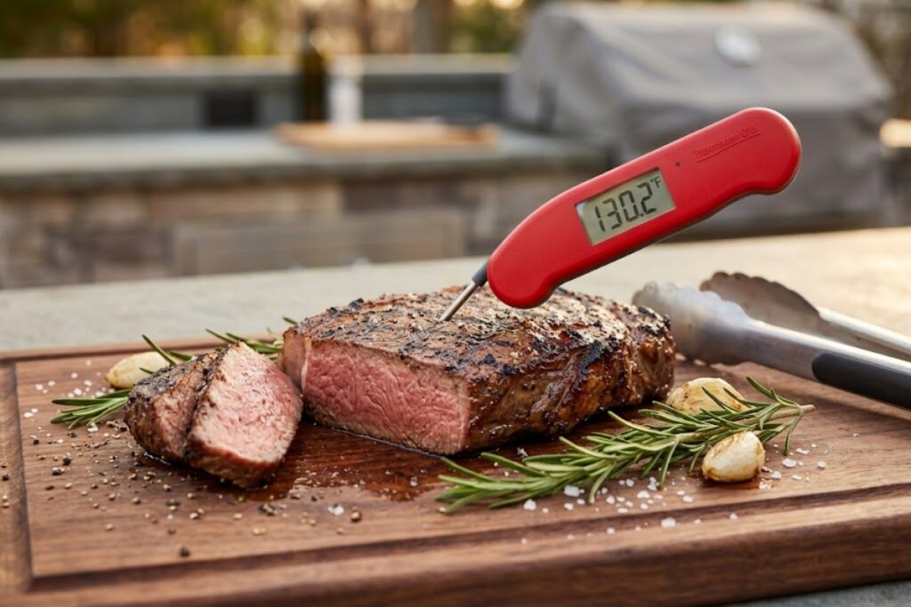 An instant-read meat thermometer inserted into a medium-rare steak to check internal temperature.