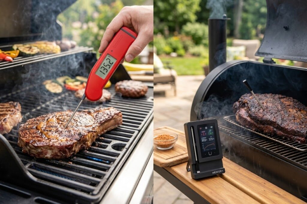Side-by-side comparison of an instant-read thermometer and a wireless probe thermometer showing different cooking uses.
