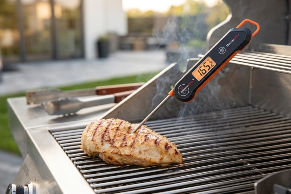 ThermoPro TP19H measuring the internal temperature of grilled chicken on a barbecue grill.