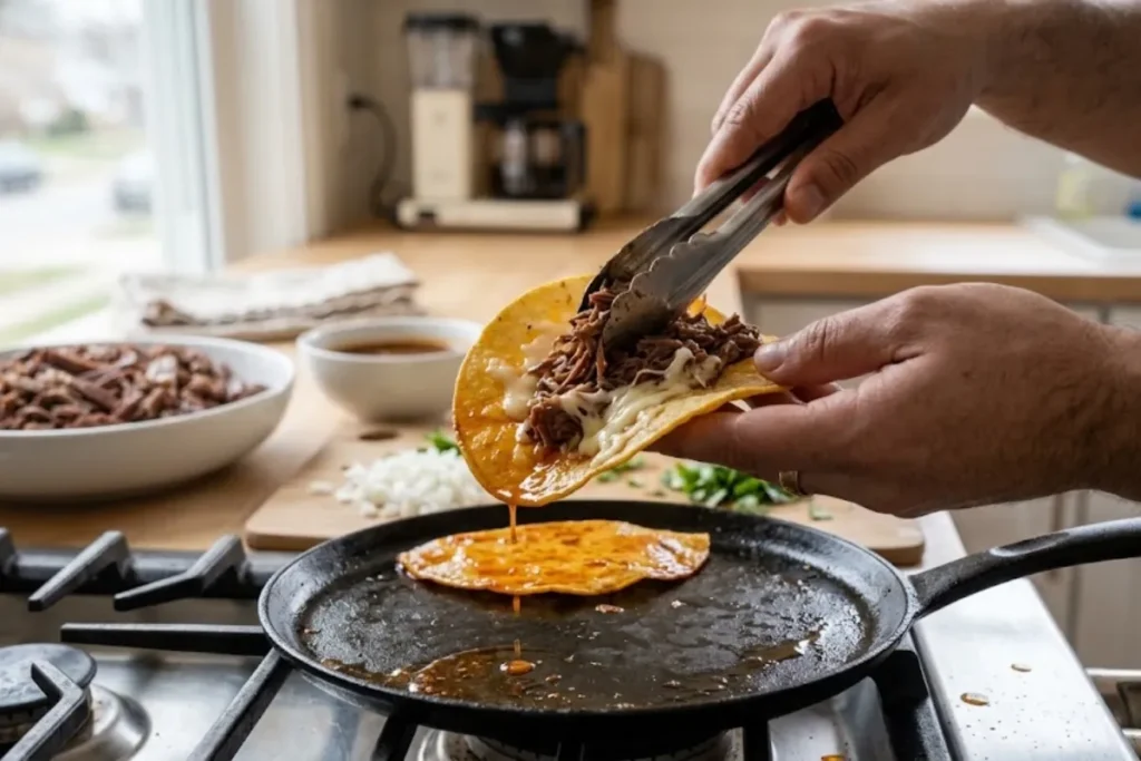 Corn tortilla dipped in birria beef fat and filled with shredded halal beef and melted cheese