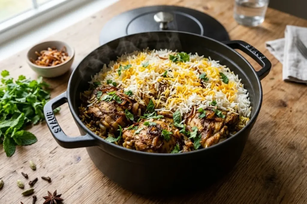  Dutch oven filled with homemade chicken biryani featuring fluffy basmati rice, tender spiced chicken, saffron-tinted rice, and caramelized onions.