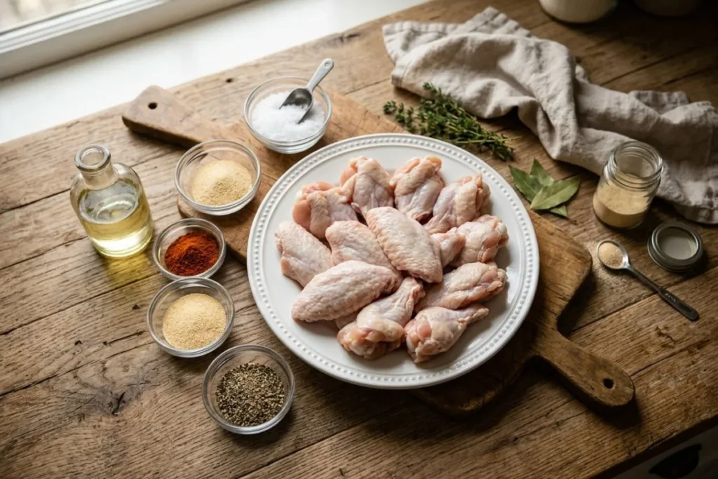 Ingredients for crispy Air Fryer Chicken Wings including raw chicken wings, garlic powder, paprika, onion powder, black pepper, salt, and cooking oil