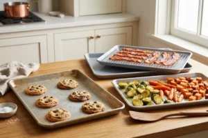Assorted sheet pans with roasted vegetables, crispy bacon, and cookies in a modern kitchen.