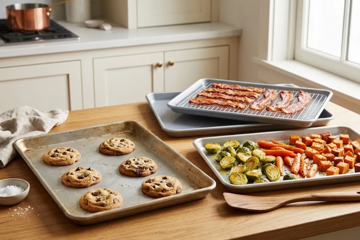 Assorted sheet pans with roasted vegetables, crispy bacon, and cookies in a modern kitchen.