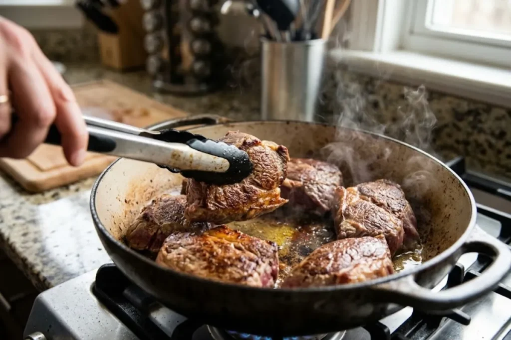 Halal beef chuck pieces browning in a Dutch oven before making birria