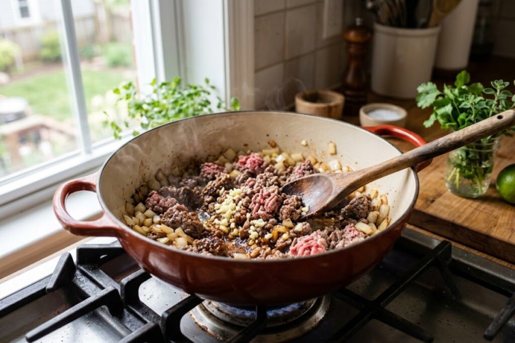 Halal ground beef browning in a Dutch oven with onions and garlic as the first step for a rich homemade beef chili recipe.