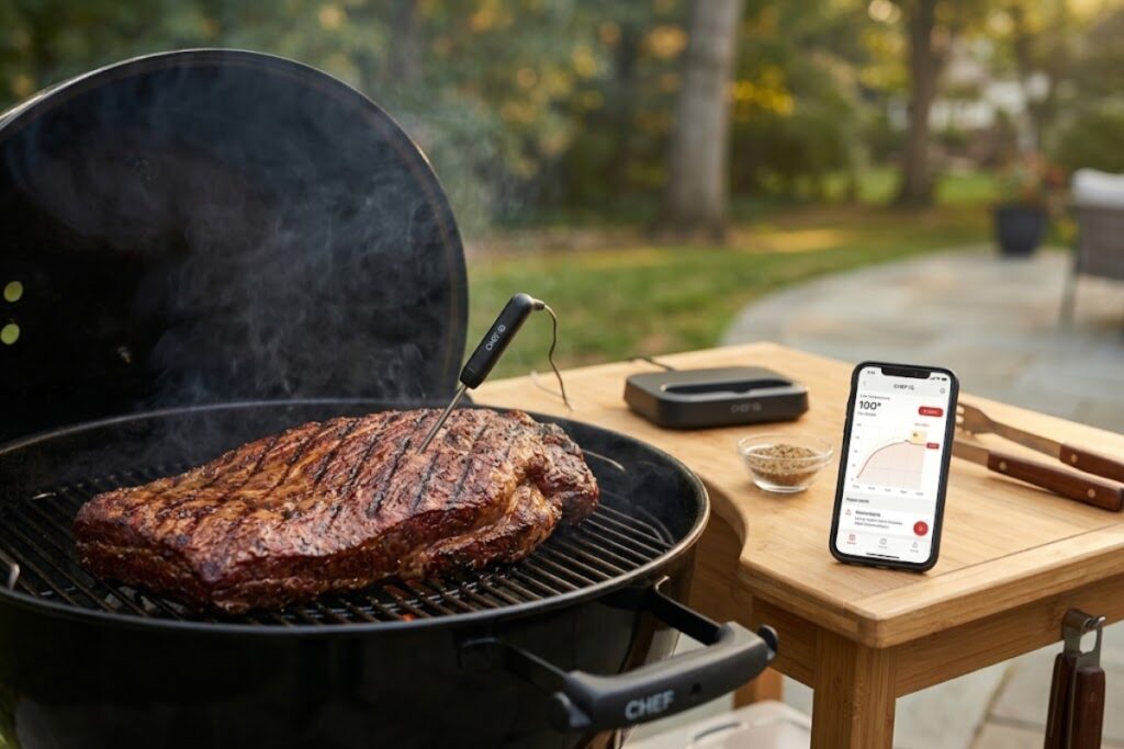 CHEF iQ Sense wireless thermometer monitoring meat temperature on a barbecue grill during cooking.