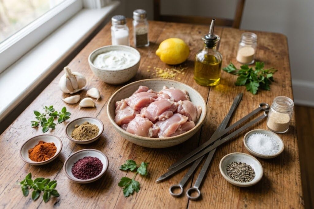 Ingredients for chicken skewers including chicken thighs, Greek yogurt, lemon, garlic and spices