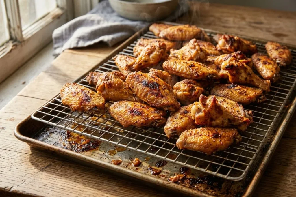 Golden crispy baked chicken wings on a wire rack after roasting