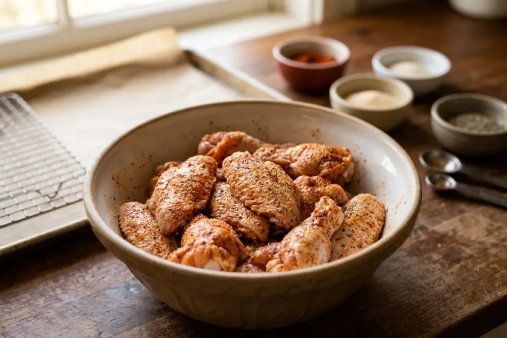 Raw chicken wings being dried with paper towels before baking