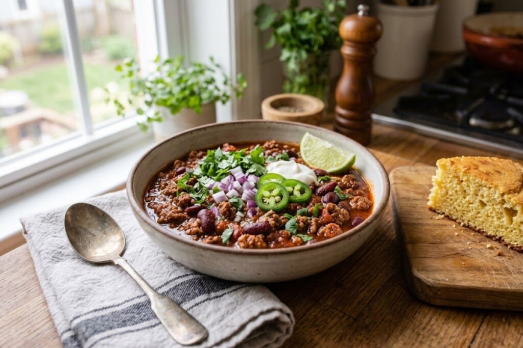 A bowl of finished Halal Beef Chili topped with fresh garnishes showing thick sauce, kidney beans, and tender seasoned ground beef.