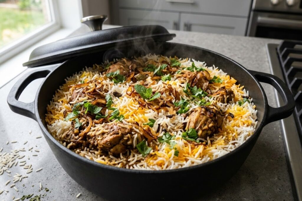 Finished chicken biryani with fluffy basmati rice, tender chicken, saffron, fresh herbs, and fried onions after Dutch oven dum cooking.