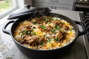 Finished chicken biryani with fluffy basmati rice