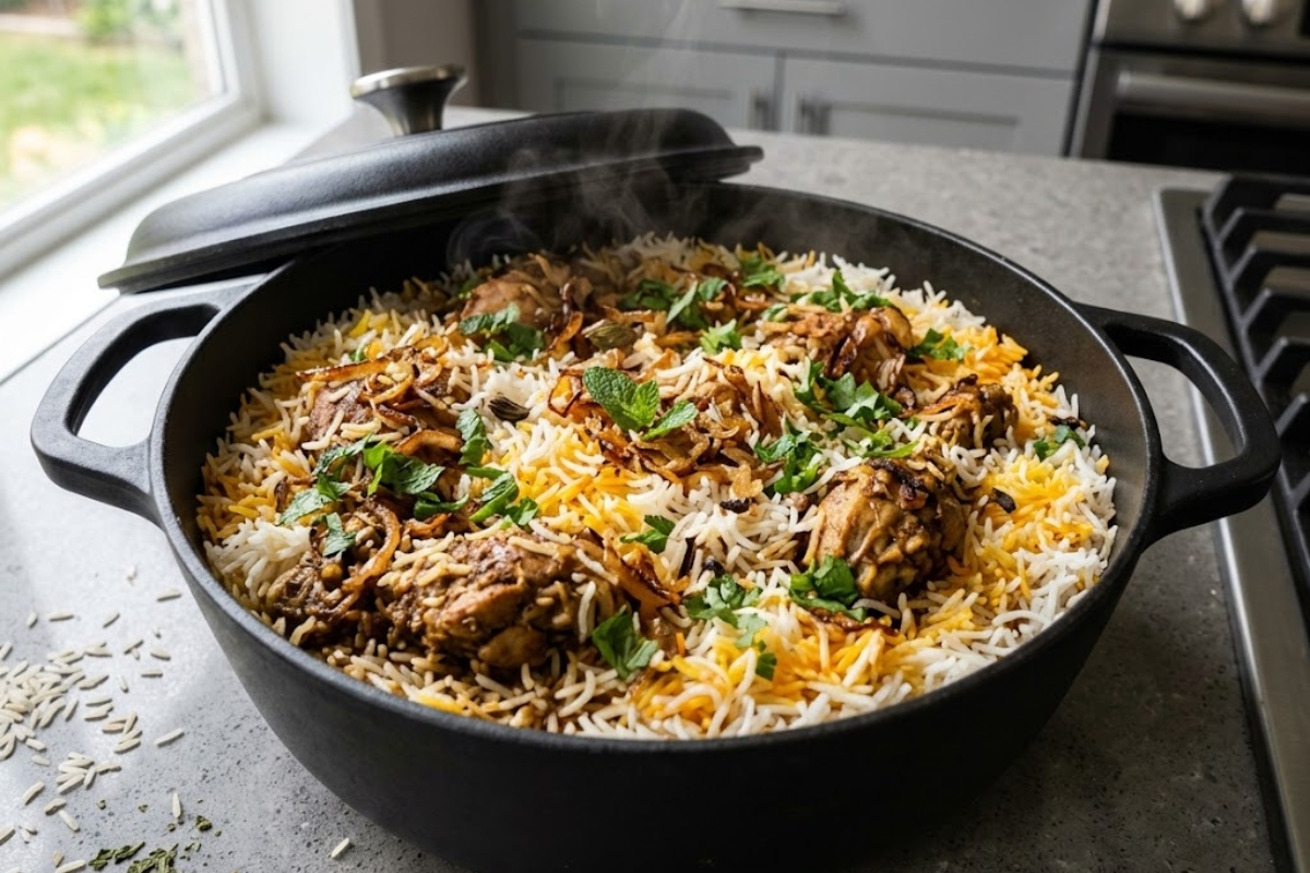 Finished chicken biryani with fluffy basmati rice